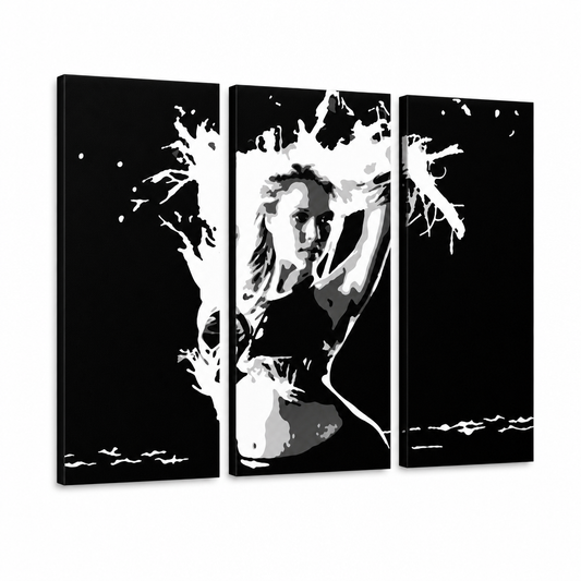 Ръчно рисувана картина POP Art Jessica Alba 3 парчета самостоятелно – 3D визуализация на ръчно рисувано платно на бял фон. Доминиращи цветове: черно, бяло.