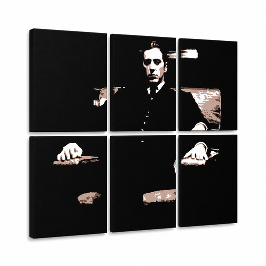 Ръчно рисувана картина POP Art Кръстникът 6 парчета god11 – 3D визуализация на ръчно рисувано платно на бял фон. Доминиращи цветове: черно, кафяво, бяло.