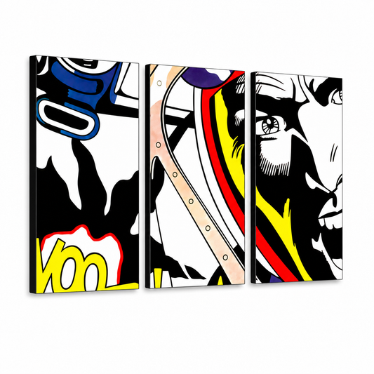 Ръчно рисувана картина POP Art LICHTENSTEIN 3 парчета – 3D визуализация на ръчно рисувано платно на бял фон. Доминиращи цветове: черно, жълто, червено, синьо, бяло.
