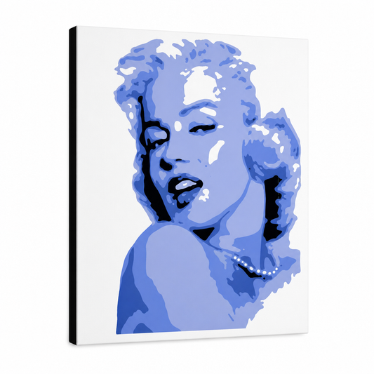 Ръчно рисувана картина POP Art Мерилин Монро 1 брой моно – 3D визуализация на ръчно рисувано платно на бял фон. Доминиращи цветове: синьо, бяло, черно.