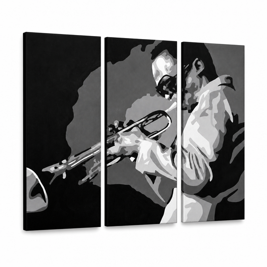 Ръчно рисувана картина POP Art Miles Davis 3 парчета md – 3D визуализация на ръчно рисувано платно на бял фон. Доминиращи цветове: черно, бяло, сиво.