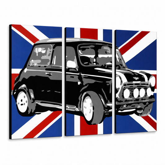 Ръчно рисувана картина POP Art MINI COOPER 3 части mini2 – 3D визуализация на ръчно рисувано платно на бял фон. Доминиращи цветове: черно, синьо, бяло.