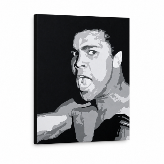 Ръчно рисувана картина POP Art Muhamad Ali 1 брой ali – 3D визуализация на ръчно рисувано платно на бял фон. Доминиращи цветове: черно, сиво, бяло.