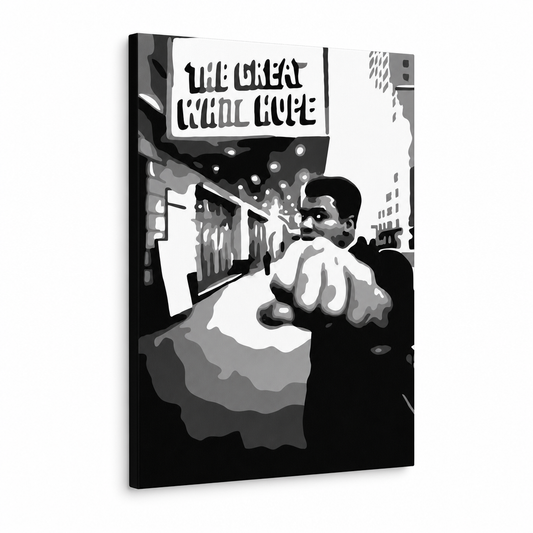 Ръчно рисувана картина POP Art Muhamad Ali 1 брой ali1 – 3D визуализация на ръчно рисувано платно на бял фон. Доминиращи цветове: черно, бяло, сиво.