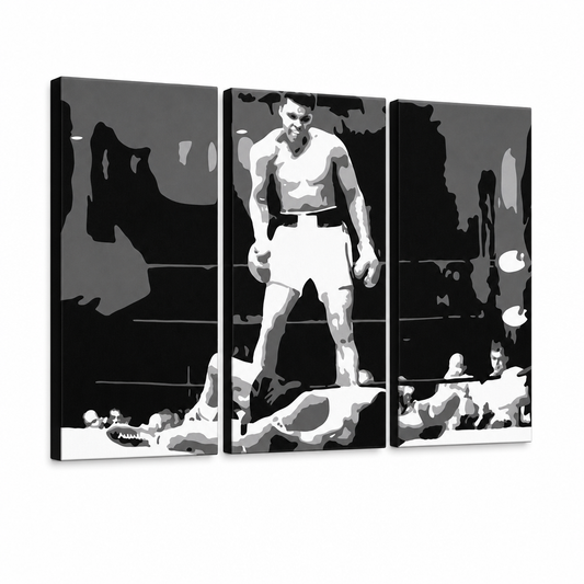 Ръчно рисувана картина POP Art Muhamad Ali 3 парчета ali2 – 3D визуализация на ръчно рисувано платно на бял фон. Доминиращи цветове: черно, бяло, сиво.