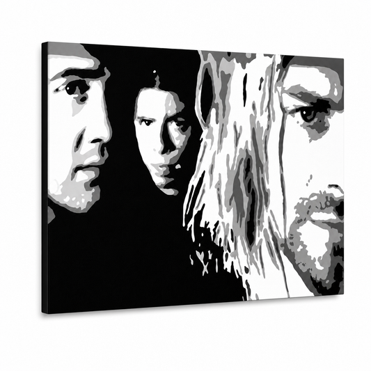 Ръчно рисувана картина POP Art Nirvana 1 брой nir – 3D визуализация на ръчно рисувано платно на бял фон. Доминиращи цветове: черно, бяло, сиво.