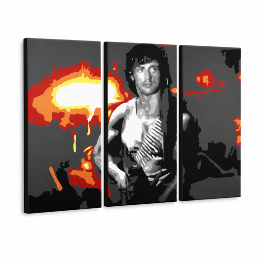 Ръчно рисувана картина POP Art Rambo 3 парчета рам – 3D визуализация на ръчно рисувано платно на бял фон. Доминиращи цветове: черно, оранжево, бяло, червено, сиво.