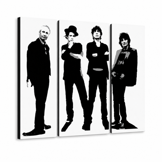 Ръчно рисувана картина POP Art Rolling Stones 4 броя rs – 3D визуализация на ръчно рисувано платно на бял фон. Доминиращи цветове: черно, бяло, сиво.