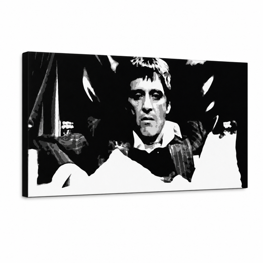 Ръчно рисувана картина POP Art Scarface 1 част smk – 3D визуализация на ръчно рисувано платно на бял фон. Доминиращи цветове: черно, бяло, сиво.