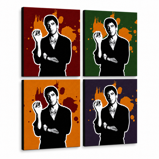 Ръчно рисувана картина POP Art Scarface - AL PACINO 4 броя al36 – 3D визуализация на ръчно рисувано платно на бял фон. Доминиращи цветове: черно, оранжево, червено, зелено, лилаво.
