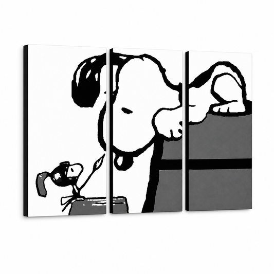 Ръчно рисувана картина POP Art SNOOPY 3 части snoopy3 – 3D визуализация на ръчно рисувано платно на бял фон. Доминиращи цветове: черно, бяло, сиво.