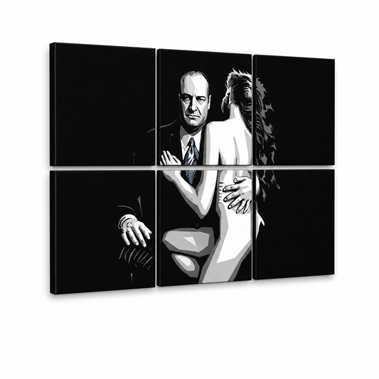 Ръчно рисувана картина POP Art SOPRANOS 6 броя sop2 – 3D визуализация на ръчно рисувано платно на бял фон. Доминиращи цветове: черно, бяло, синьо.