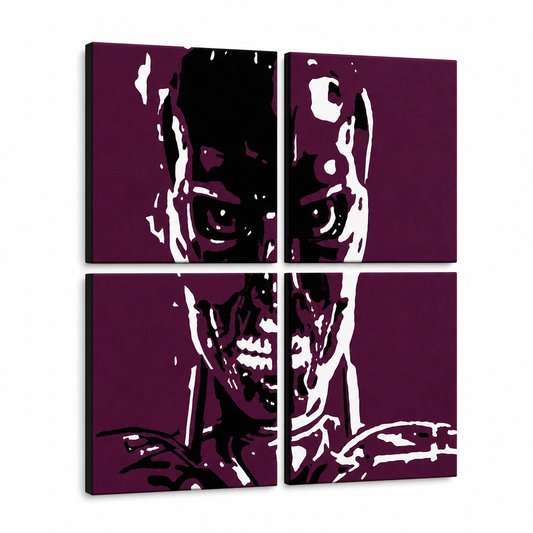 Ръчно рисувана картина POP Art TERMINATOR 4 броя тер – 3D визуализация на ръчно рисувано платно на бял фон. Доминиращи цветове: черно, бяло, лилаво.