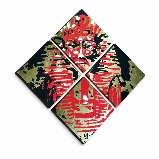 Ръчно рисувана картина POP Art Tutan Chamon от 4 части тук – 3D визуализация на ръчно рисувано платно на бял фон. Доминиращи цветове: черно, червено, кафяво.