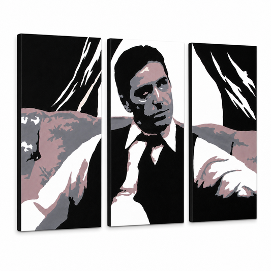 Ръчно рисувана POP Art живопис AL PACINO 3 броя al11 – 3D визуализация на ръчно рисувано платно на бял фон. Доминиращи цветове: черно, сиво, розово, бяло, кафяво.