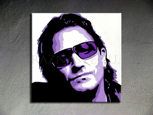 Ръчно рисувана картина на платно с мотив Bono-U2 в виолетово-черно нюанси, тайна и градски живот | Ръчно рисувана POP Art картина Bono-U2 – продукт