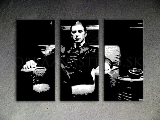 Ръчно рисувана картина на платно с мотив GODFATHER, чаша кафе в черно-бяло нюанси, сила и мощ и филмов свят | Ръчно рисувана POP Art картина GODFATHER – продукт