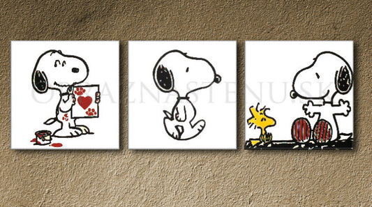 Ръчно рисувана картина на платно с мотив SNOOPY, сърце в бяло-черно нюанси, игрива атмосфера, любов и носталгия | Ръчно рисувана POP Art картина SNOOPY – продукт