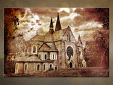 Класическа картина на платно с мотив църква, облаци, религиозен мотив в кафяво нюанси, носталгична атмосфера, подходяща за коридор | Levoča – основна