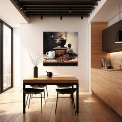 Винтидж картина на платно с мотив Umelecký наслада, чаша кафе в бяло-бежово нюанси, топла атмосфера, подходяща за кухня | Кафе картини за кухня Umelecký наслада – продукт