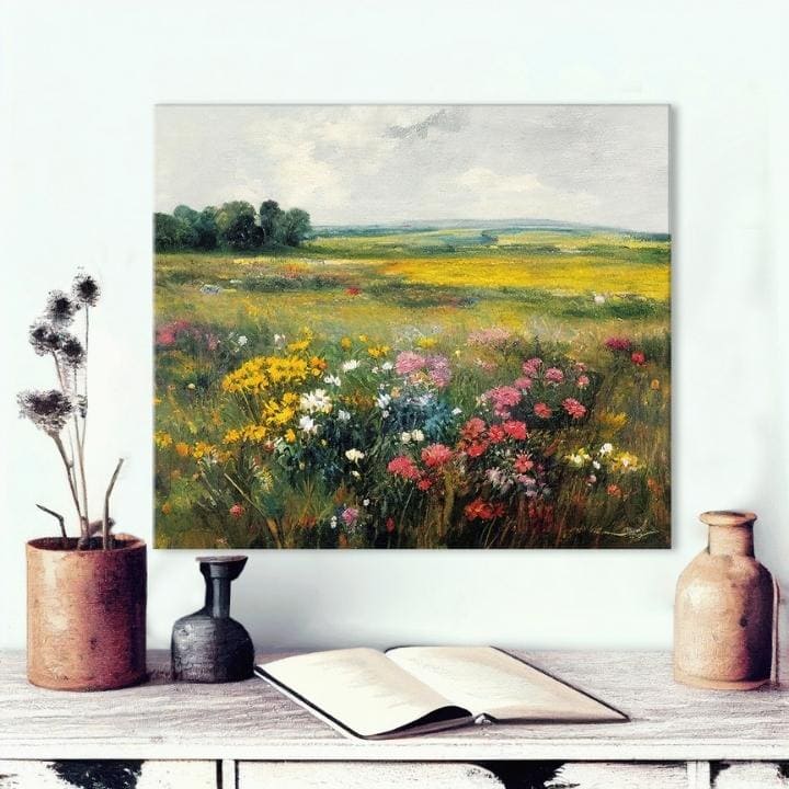 В бохо стил картина на платно с мотив ливада, дървета, небе, цветя, природа в бяло-розово нюанси, спокойна атмосфера, природа и пролетна атмосфера – продукт