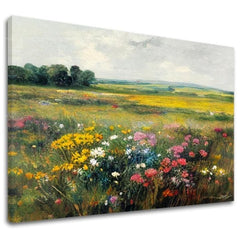 В бохо стил картина на платно с мотив ливада, дървета, небе, цветя, природа в бяло-розово нюанси, спокойна атмосфера, природа и пролетна атмосфера – основна