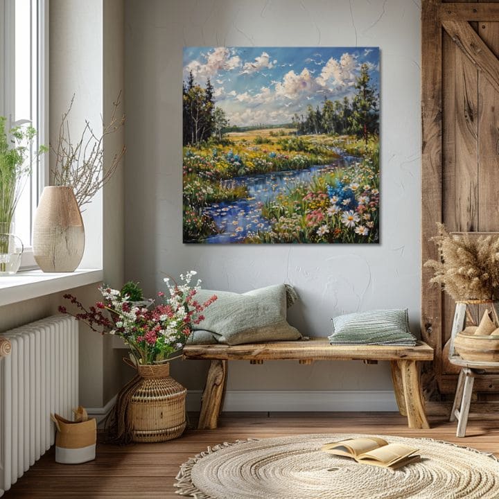 Индустриална картина на платно с мотив Potok v prírode, дървета, небе, облаци, природа в бяло-синьо нюанси, спокойна атмосфера, подходяща за хол – продукт