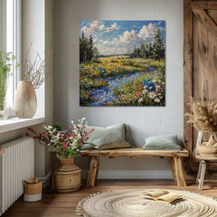 Индустриална картина на платно с мотив Potok v prírode, дървета, небе, облаци, природа в бяло-синьо нюанси, спокойна атмосфера, подходяща за хол – продукт