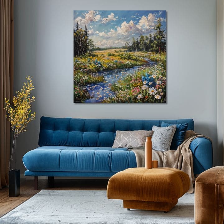 Индустриална картина на платно с мотив Potok v prírode, дървета, небе, облаци, природа в бяло-синьо нюанси, спокойна атмосфера, подходяща за хол – продукт, изглед 2