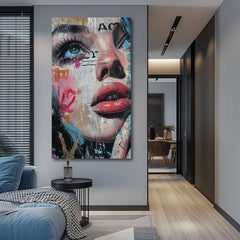 Арт деко картина на платно с мотив жена, лице, хора в бяло-синьо нюанси, дръзка атмосфера, градски живот и красота, подходяща за офис | Елегантна картина жени Farby ulice – продукт