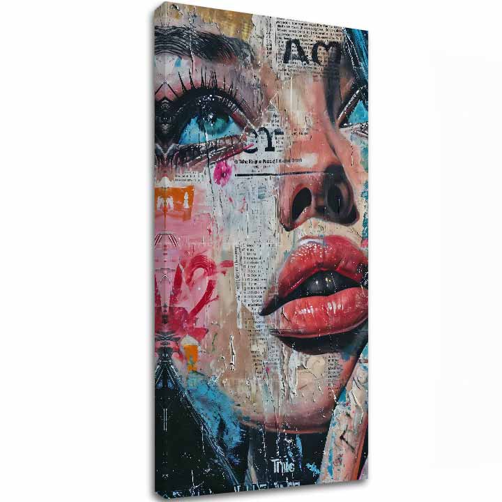 Арт деко картина на платно с мотив жена, лице, хора в бяло-синьо нюанси, дръзка атмосфера, градски живот и красота, подходяща за офис | Елегантна картина жени Farby ulice – основна