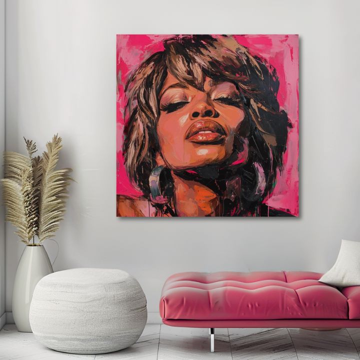 Ръчно рисувана картина на платно с мотив Tina Turner - Кралица rocku, слушалки в кафяво нюанси, сетивна атмосфера, красота | Картина Tina Turner - Кралица rocku – продукт