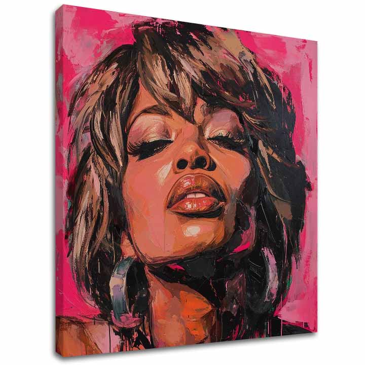 Ръчно рисувана картина на платно с мотив Tina Turner - Кралица rocku, слушалки в кафяво нюанси, сетивна атмосфера, красота | Картина Tina Turner - Кралица rocku – основна