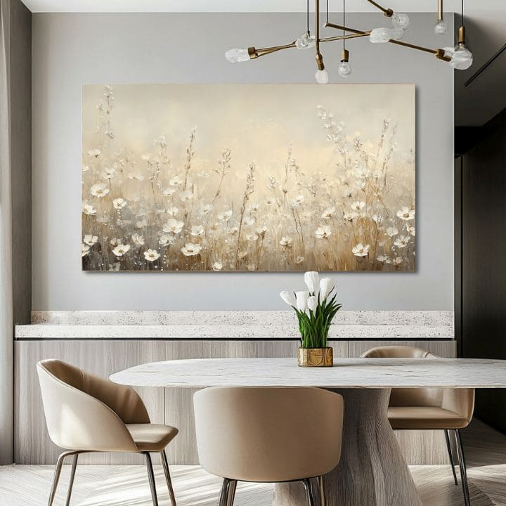 Модерна картина на платно с мотив цветен sen, ливада, ботанически мотив в кремаво-бежово нюанси, спокойна атмосфера, природа и пролетна атмосфера – продукт