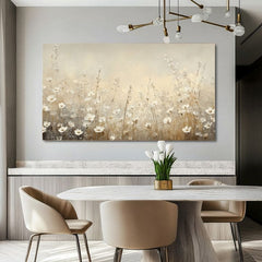 Модерна картина на платно с мотив цветен sen, ливада, ботанически мотив в кремаво-бежово нюанси, спокойна атмосфера, природа и пролетна атмосфера – продукт