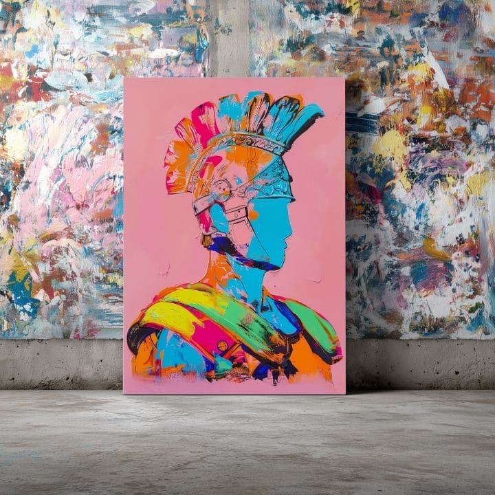 Модерна картина на платно с мотив Modern Gladiator na платно в розово-оранжево нюанси, енергична атмосфера, сила | Картина Modern Gladiator na платно – продукт