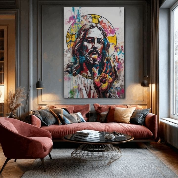 Ръчно рисувана картина на платно с мотив Pop Warrior na платно в бяло-бежово нюанси, духовна атмосфера | Картина Pop Warrior na платно – продукт