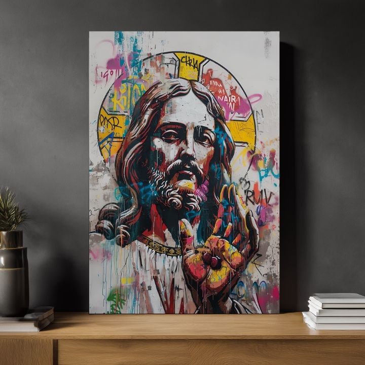 Ръчно рисувана картина на платно с мотив Pop Warrior na платно в бяло-бежово нюанси, духовна атмосфера | Картина Pop Warrior na платно – продукт, изглед 2