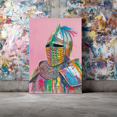 Ръчно рисувана картина на платно с мотив Vivid Knight na платно в жълто-виолетово нюанси, игрива атмосфера | Картина Vivid Knight na платно – продукт