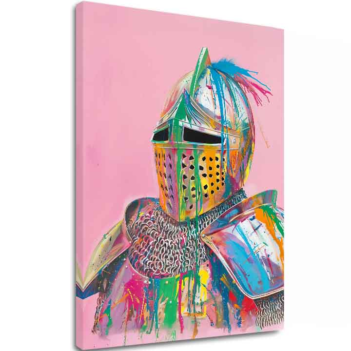 Ръчно рисувана картина на платно с мотив Vivid Knight na платно в жълто-виолетово нюанси, игрива атмосфера | Картина Vivid Knight na платно – основна