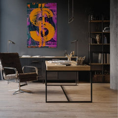 Модерна картина на платно с мотив Money Benjamin na платно в оранжево-тюркоазено нюанси, смела атмосфера | Картина Money Benjamin na платно – продукт