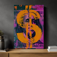 Модерна картина на платно с мотив Money Benjamin na платно в оранжево-тюркоазено нюанси, смела атмосфера | Картина Money Benjamin na платно – продукт, изглед 2