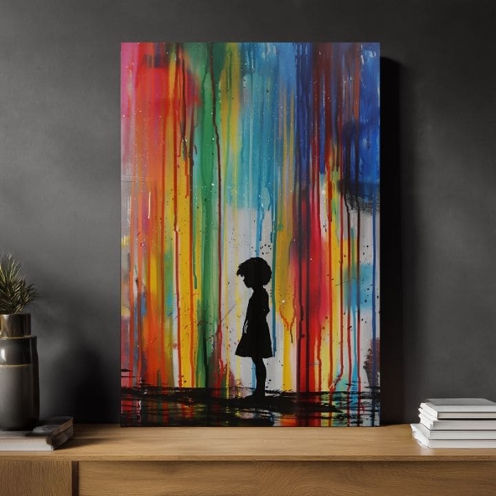 Ръчно рисувана картина на платно с мотив Rainbow Silhouette na платно, дъга в синьо-зелено нюанси, меланхолична атмосфера | Картина Rainbow Silhouette na платно – продукт