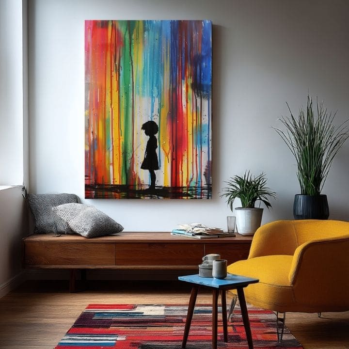 Ръчно рисувана картина на платно с мотив Rainbow Silhouette na платно, дъга в синьо-зелено нюанси, меланхолична атмосфера | Картина Rainbow Silhouette na платно – продукт, изглед 2