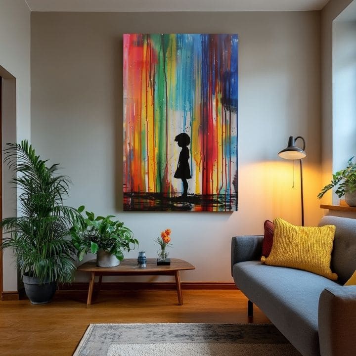 Ръчно рисувана картина на платно с мотив Rainbow Silhouette na платно, дъга в синьо-зелено нюанси, меланхолична атмосфера | Картина Rainbow Silhouette na платно – продукт, изглед 3