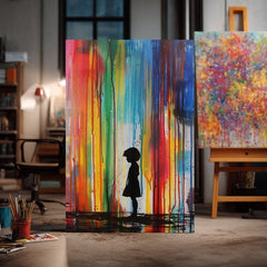 Ръчно рисувана картина на платно с мотив Rainbow Silhouette na платно, дъга в синьо-зелено нюанси, меланхолична атмосфера | Картина Rainbow Silhouette na платно – продукт, изглед 4