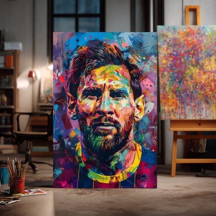 Модерна картина на платно с мотив Messi Vibes na платно в жълто-виолетово нюанси, енергична атмосфера, слава | Картина Messi Vibes na платно – продукт