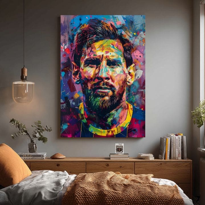 Модерна картина на платно с мотив Messi Vibes na платно в жълто-виолетово нюанси, енергична атмосфера, слава | Картина Messi Vibes na платно – продукт, изглед 2