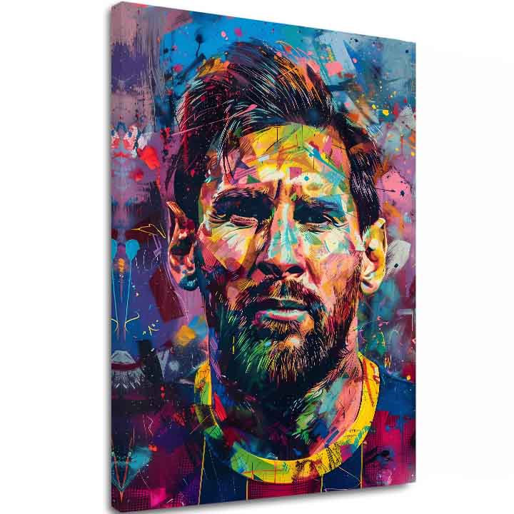 Модерна картина на платно с мотив Messi Vibes na платно в жълто-виолетово нюанси, енергична атмосфера, слава | Картина Messi Vibes na платно – основна