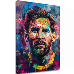 Модерна картина на платно с мотив Messi Vibes na платно в жълто-виолетово нюанси, енергична атмосфера, слава | Картина Messi Vibes na платно – основна
